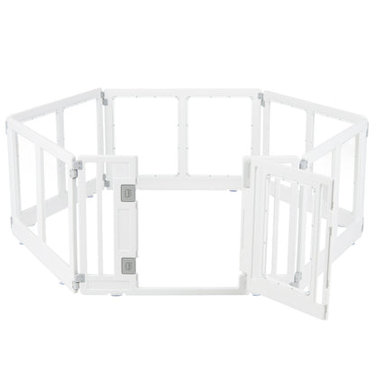 The transparent pet fence is shown with the door open and panels slightly angled