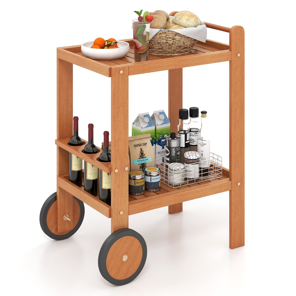 The kitchen cart loaded with groceries and wine bottles on the shelves