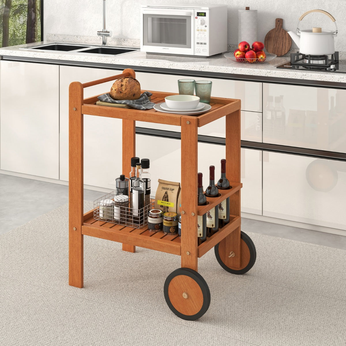The kitchen island cart filled with food and drinks in a modern kitchen setting