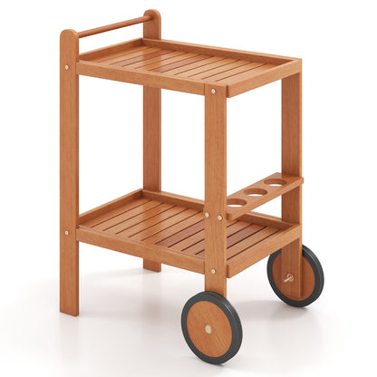 Indoor Outdoor Wood Bar Cart with two tiers and wheels on a plain white background