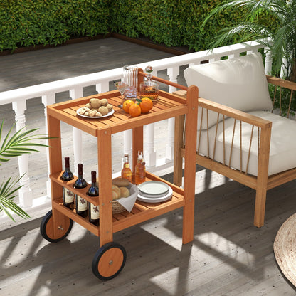 The kitchen island cart holding snacks and drinks on a wooden balcony deck