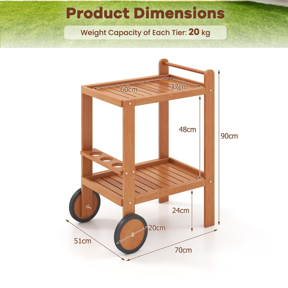 The wooden bar cart shown with technical lines and measurements for size