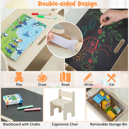 The play tent features including the blackboard, the chair and the storage bin