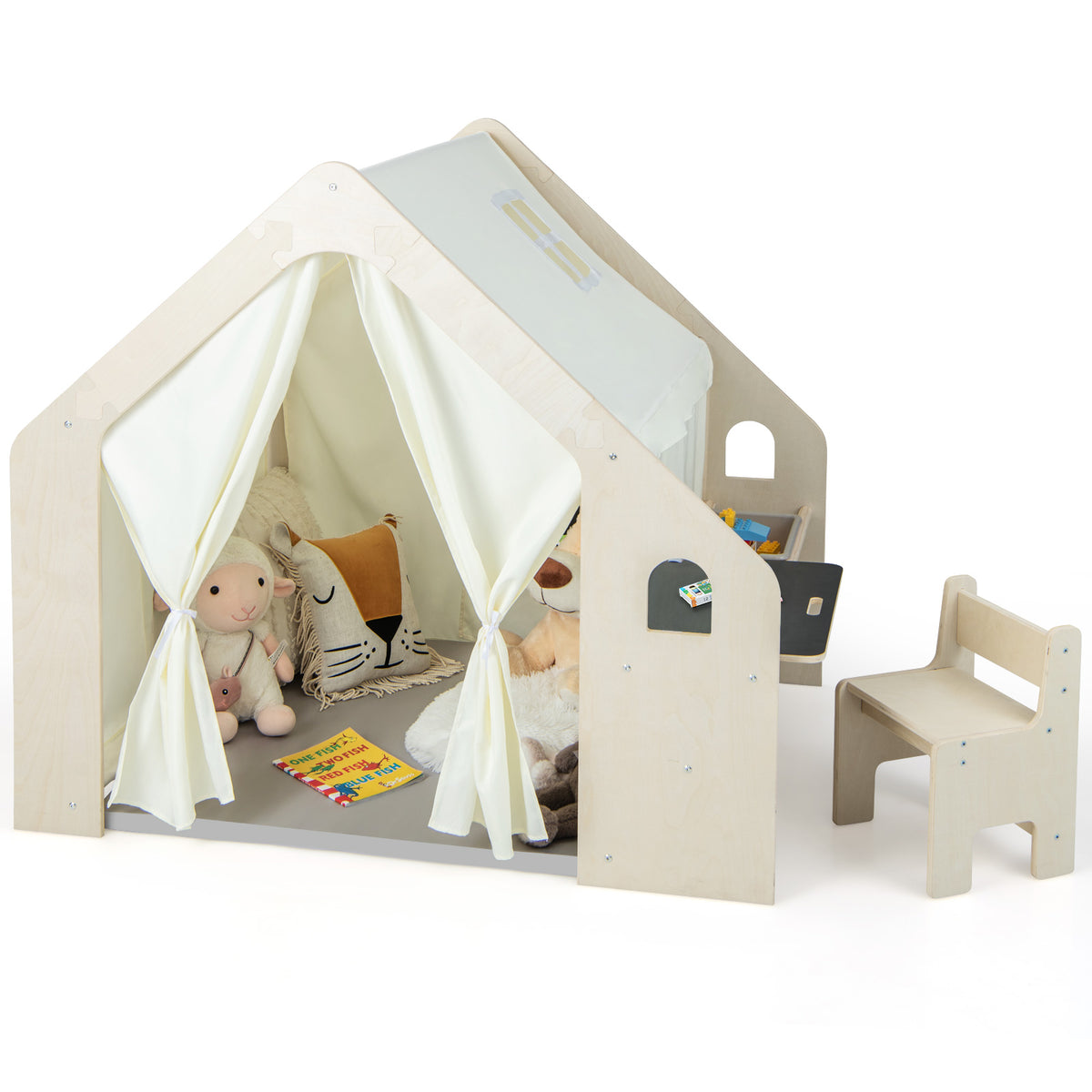 Indoor Playhouse with a fabric roof, curtains, floor mat, storage bin and a small wooden chair
