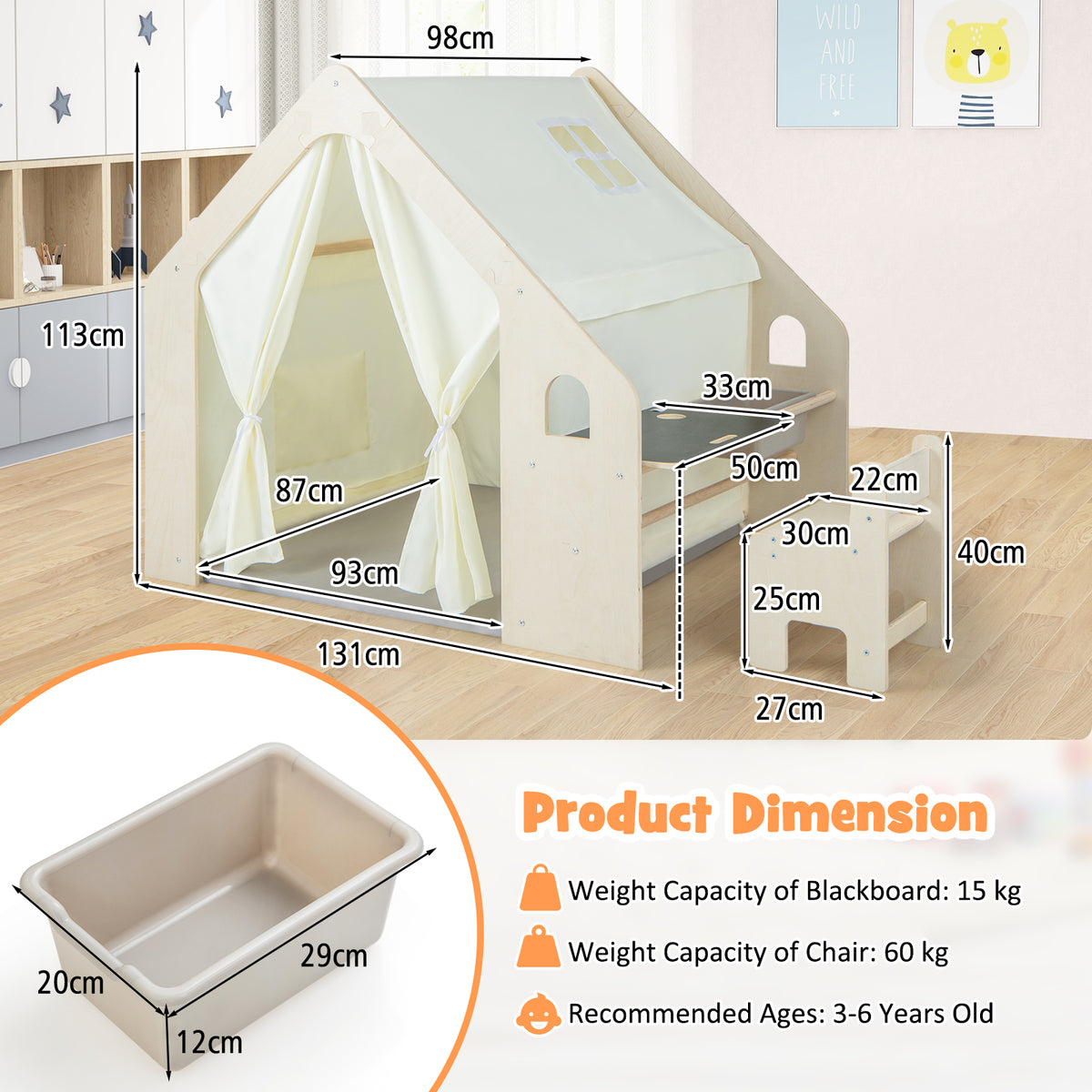 The play tent with labels showing dimensions and a separate view of the storage bin