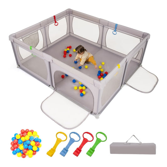 Indoor Safety Play Fence Infant Activity Center with 50 ocean balls and a grey carry bag