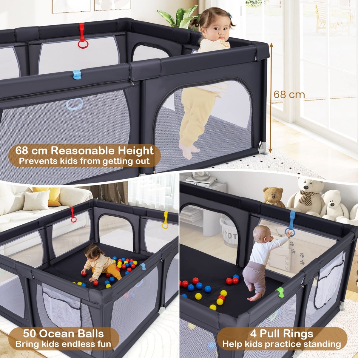 Indoor Safety Play Fence Infant Activity Center with 50 Ocean Balls-Dark Grey