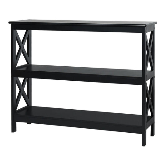 Industrial 3-Tier Console Table with Storage Shelf in black, showing the front and sides