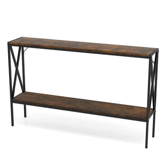 Industrial Console Table with two rustic brown shelves and black metal frame