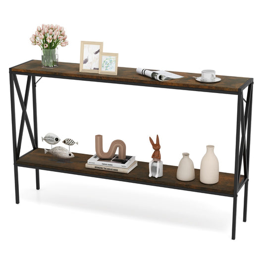 The narrow sofa table styled with books, vases and photo frames on its shelves