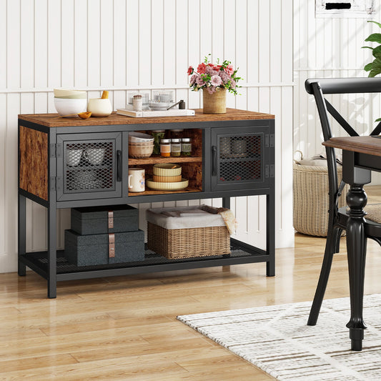 The console table is shown in a dining room setting with a chair and table nearby