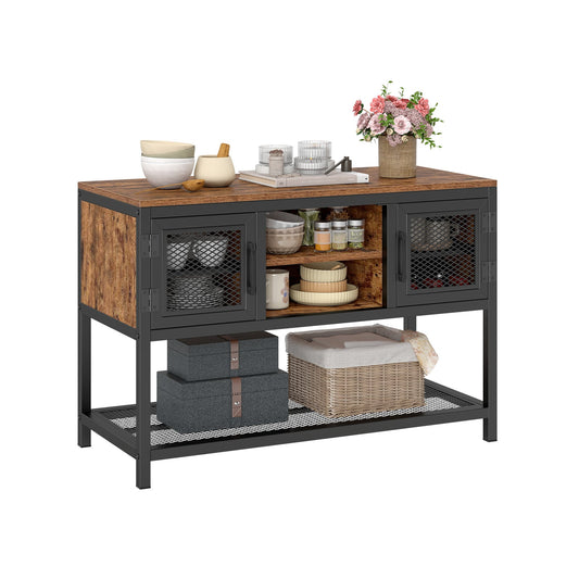 Industrial Entryway Table with storage sideboard buffet cabinet with 2 metal mesh doors in rustic brown