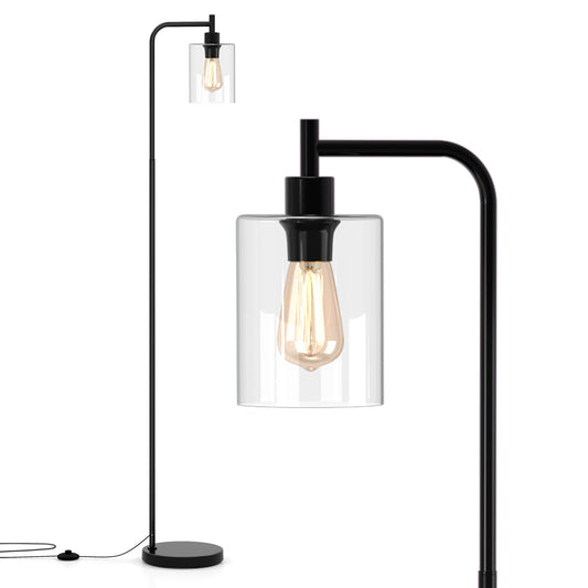 Industrial Floor Lamp shown in full with a close-up of the glass shade and black metal frame