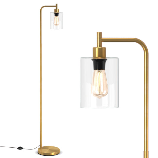 Industrial Floor Lamp with a golden stand and a clear glass shade shown with a close-up detail
