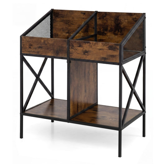 Industrial Magazine Books Record Holder with metal frame and rustic brown finish