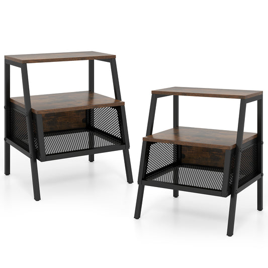 Industrial Nightstand Set of 2 with rustic brown shelves and black metal frames