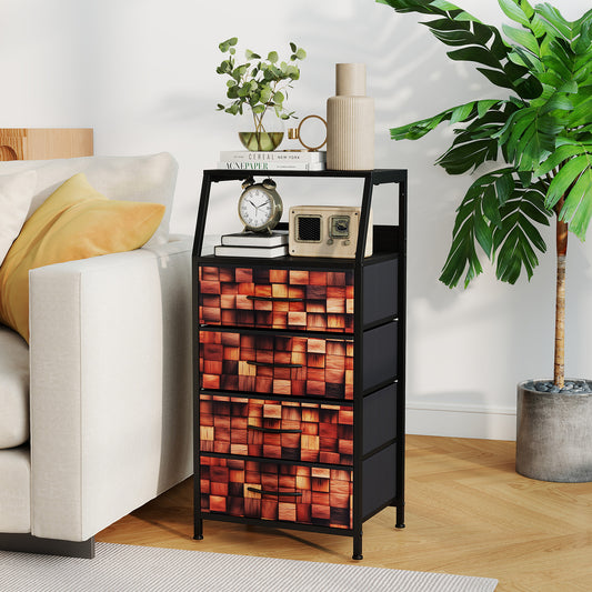 Tall dresser with fabric drawers in a living room setting next to a sofa