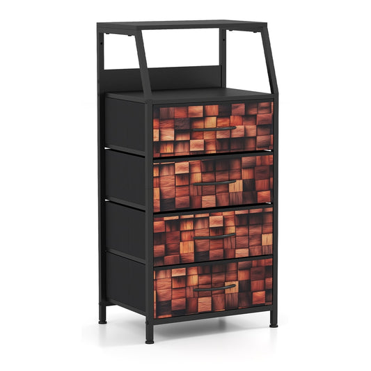 Industrial Nightstand Tall Dresser with 4 Fabric Drawers in brown wood effect finish