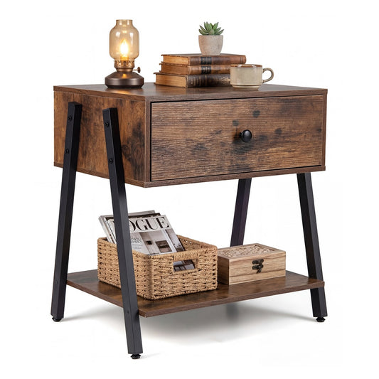 Industrial Nightstand with a drawer, open shelf, and adjustable foot pads in rustic brown
