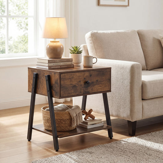 A rustic brown industrial nightstand next to a sofa in a living room