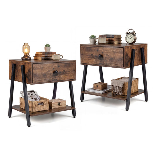 Industrial Nightstand Set of 2 with drawer and storage shelf in rustic brown finish