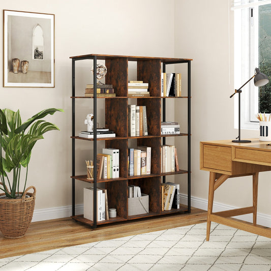 The open shelf display rack filled with books and decorative items in a study room