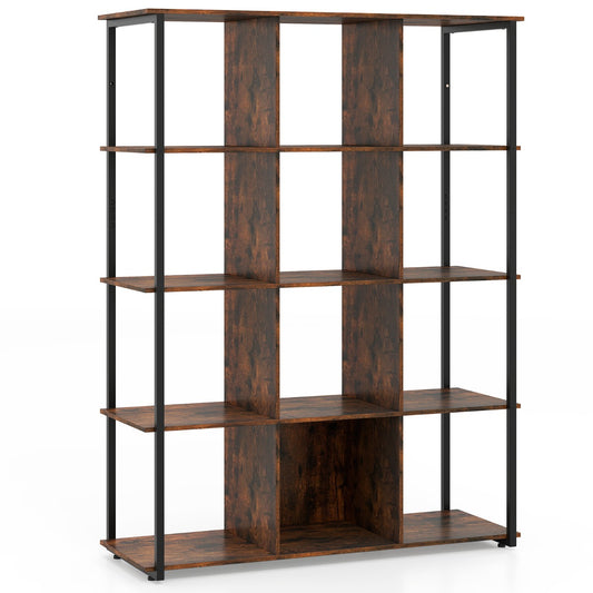 Industrial Open Shelf Display Rack with rustic brown finish and black metal frame