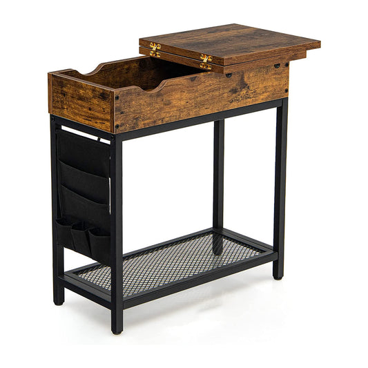 Industrial Slim Sofa Side Table with a flip top lid open and a side storage pocket attached