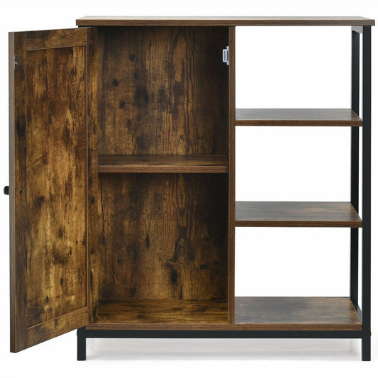 Industrial Styled Freestanding Storage Cupboard with 3 Side Shelves, open door showing interior shelves and side shelving