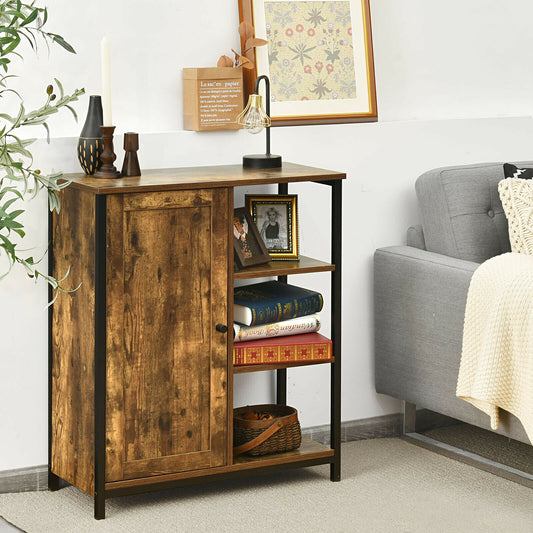 The storage cupboard in a living room setting next to a grey sofa with decorative items on top