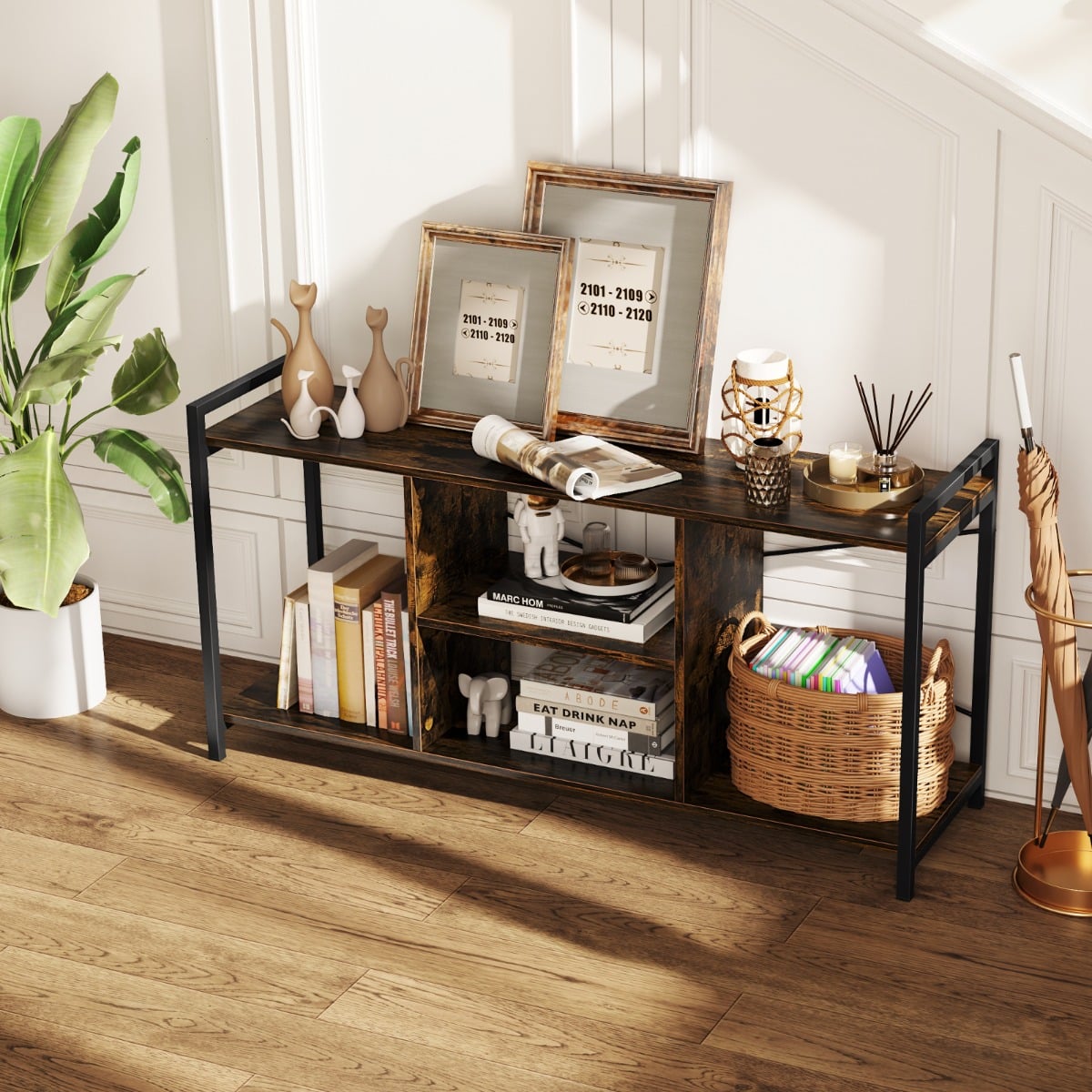Industrial Entertainment Center with 4 Open Shelves-Rustic Brown