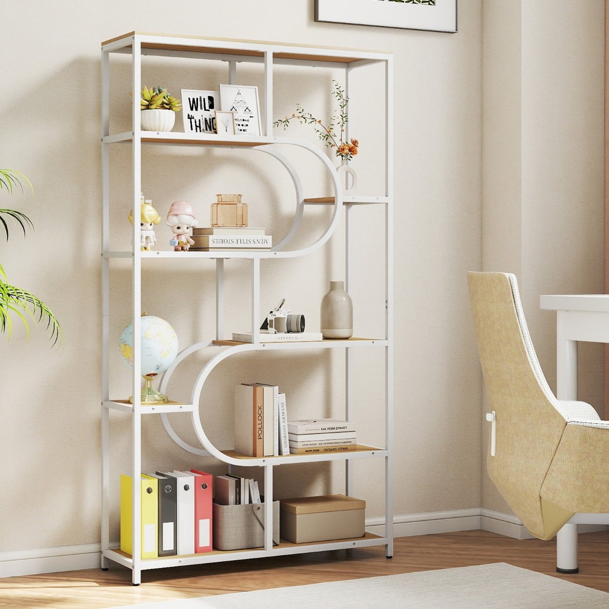 Industrial Etagere Bookcase with Open Storage Shelves and Metal Frame-Natural