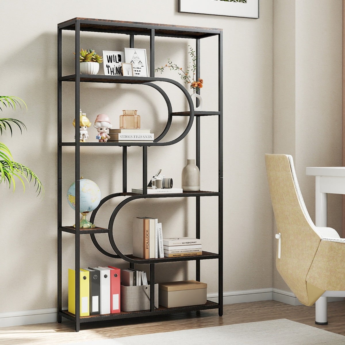 Industrial Etagere Bookcase with Open Storage Shelves and Metal Frame-Rustic Brown