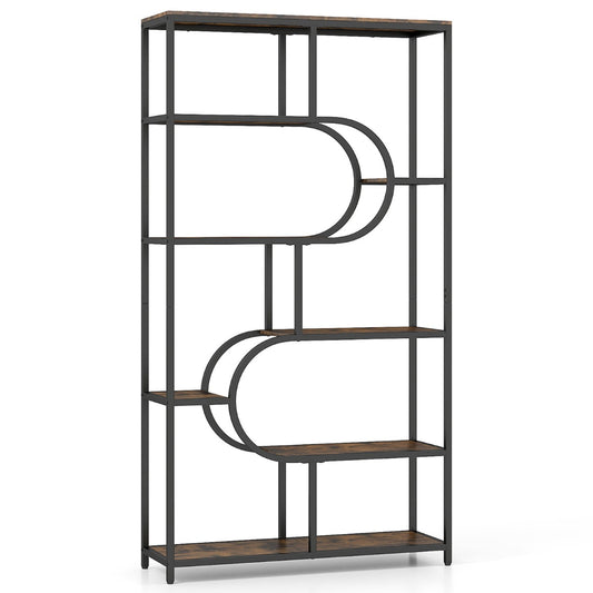 Industrial Etagere Bookcase with Open Storage Shelves and Metal Frame-Rustic Brown