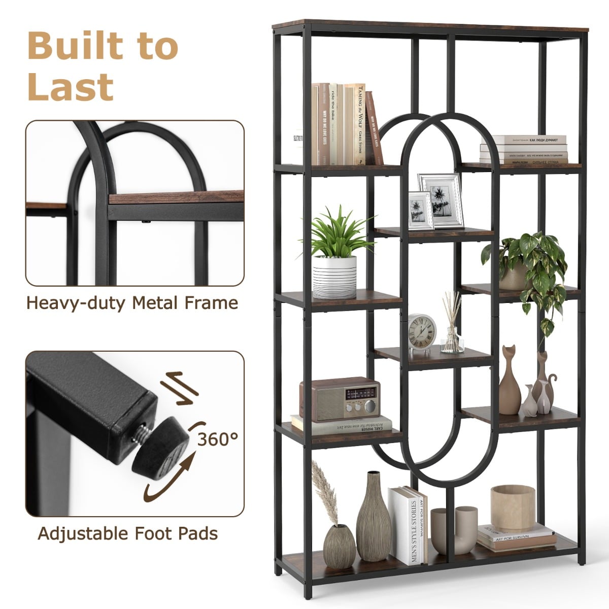 Industrial Etagere Bookcase with Open Storage Shelves and Oval Shape-Rustic Brown