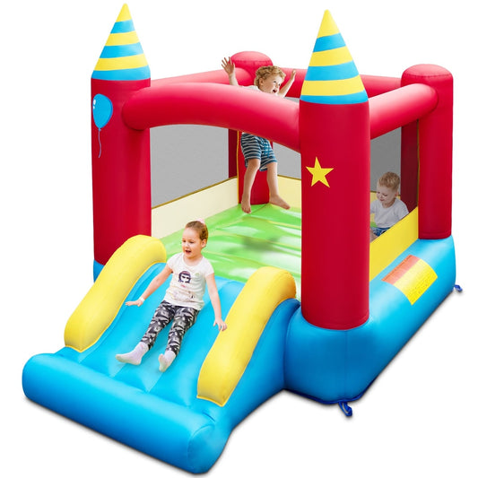 Inflatable Bounce Castle with Stakes without Blower showing children playing on the slide and inside the bouncy area