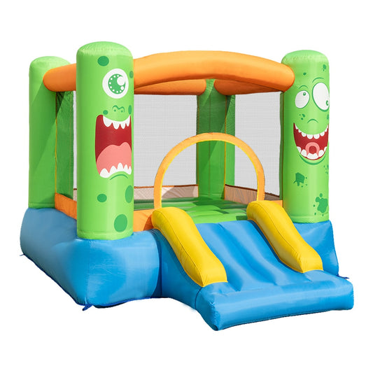 Inflatable Bounce House 2-in-1 Monster Themed Kids Bouncer with slide, front view with orange roof and green monster faces