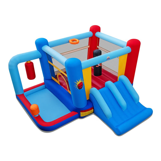 Inflatable Bounce House with punching bags and basketball rim, a fun play structure for children