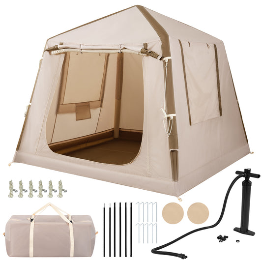 Inflatable Camping Tent shown with its included pump, carry bag, pegs and poles on a white background