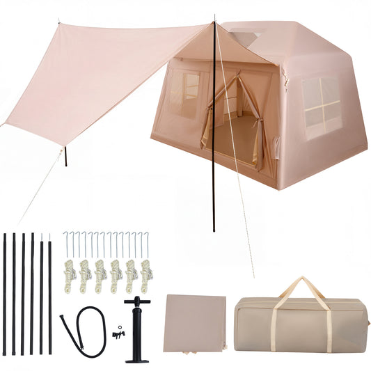 Inflatable Camping Tent for 4-6 Person Portable Blow up Tent with Pump Doors-Khaki, showing all parts included