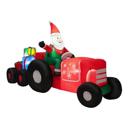 Inflatable Christmas Santa Claus Driving a Tractor with gifts and LED lights, a festive garden decoration