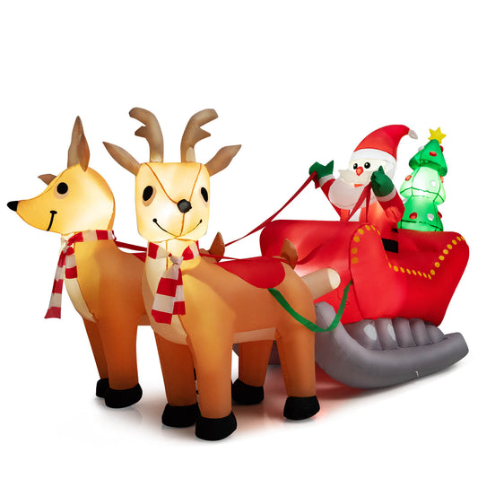 Inflatable Christmas Santa Claus with LED Lights and Blower, showing Santa in his sleigh pulled by two reindeer