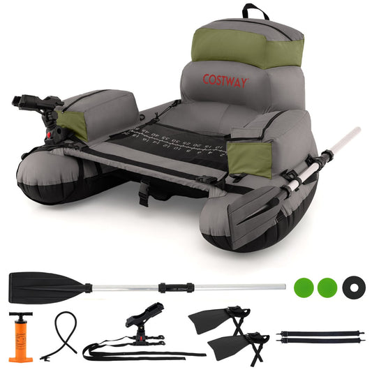Inflatable Fishing Float Tube Portable Fishing Boat with all the included accessories laid out below