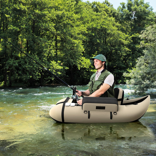 Man fishing from a beige inflatable float tube on a river, holding a rod
