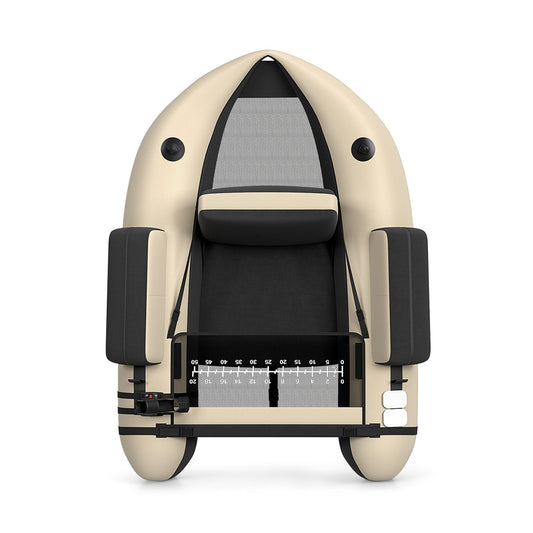 Inflatable Fishing Float Tube with Pump, beige colour, front view with seat and storage pockets
