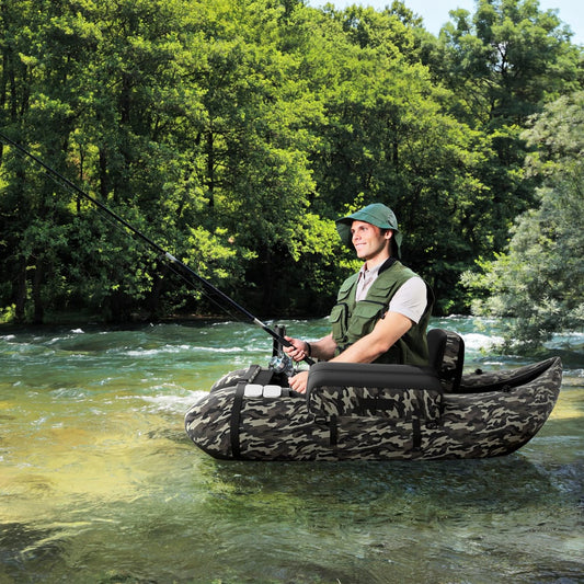 The fishing float tube in use by a man sitting on a river while holding a fishing rod