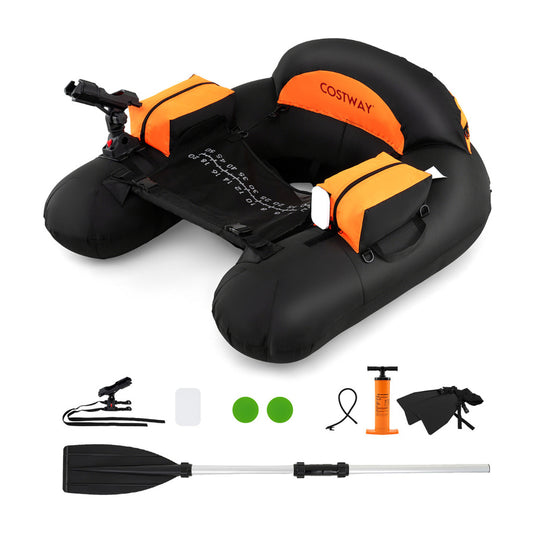 Inflatable Float Tube Fishing River Float with adjustable fishing rod holder in orange and black