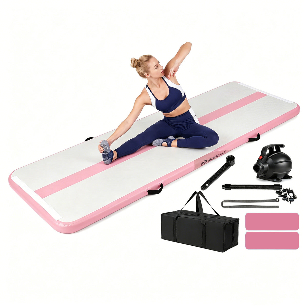 The gymnastic mat shown with a woman sitting on it and the included pump and accessories