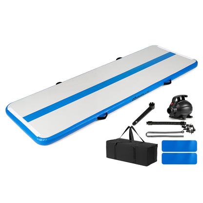 Inflatable Gymnastic Mat with an electric air pump and accessories laid out on a white background