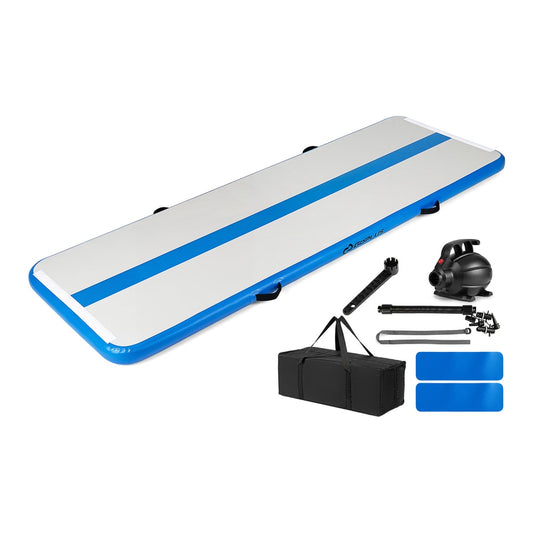 Inflatable Gymnastic Mat with an electric air pump and accessories laid out on a white background
